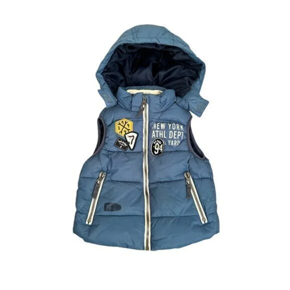 H&M L.O.G.G. Kids Blue Puffer Vest With Patches & Hooded Design